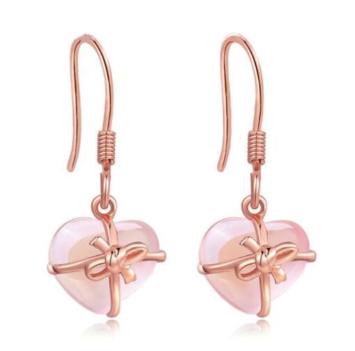 Natural Rose Quartz 925 Sterling Silver Bowknot Jewelry Earrings