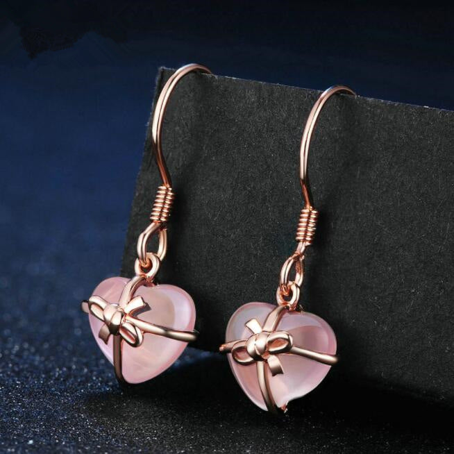 Natural Rose Quartz 925 Sterling Silver Bowknot Jewelry Earrings