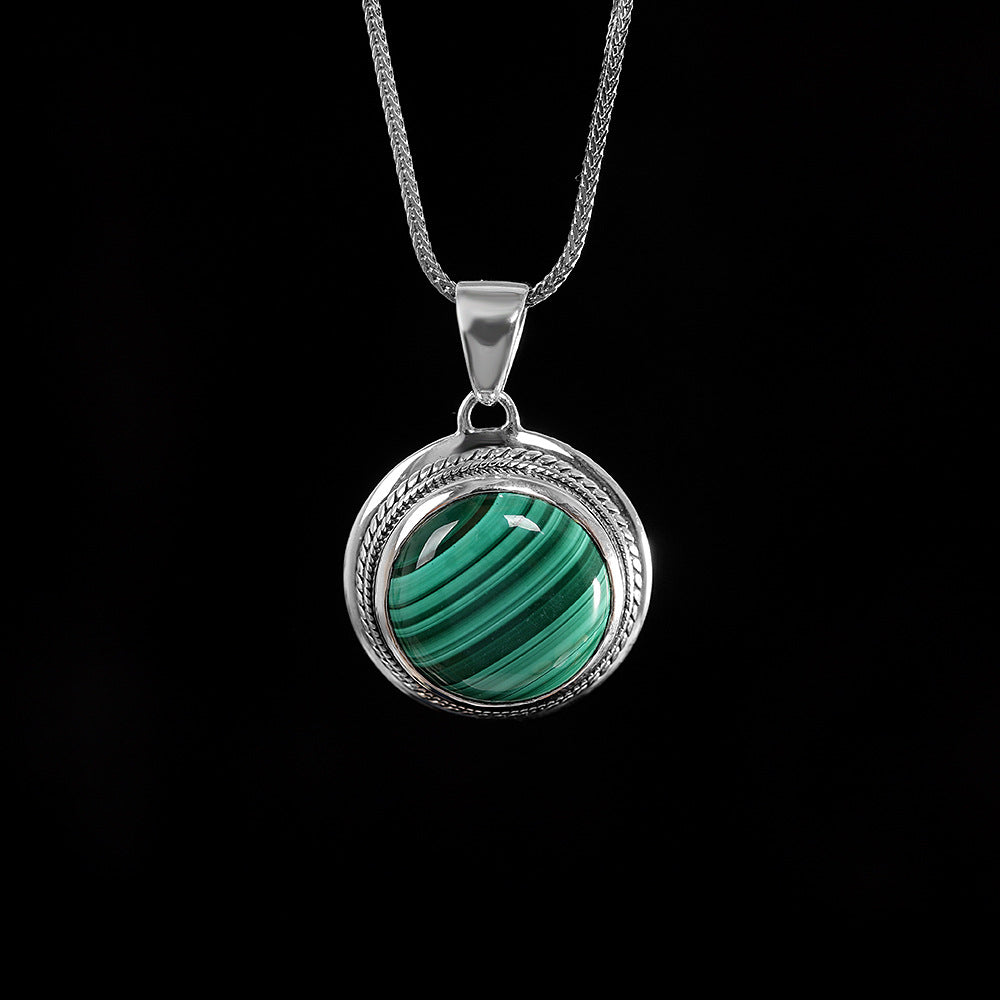 S925 Sterling Silver Inlaid Malachite Pendant Simple