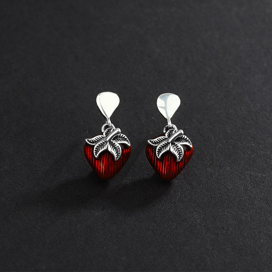 S925 Sterling Silver Retro Simple Kaedo Drip Glue Strawberry Earrings