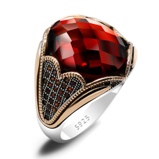 Red Main Zircon Men's Ring 925 Silver Color Electroplating Rose Gold Ring