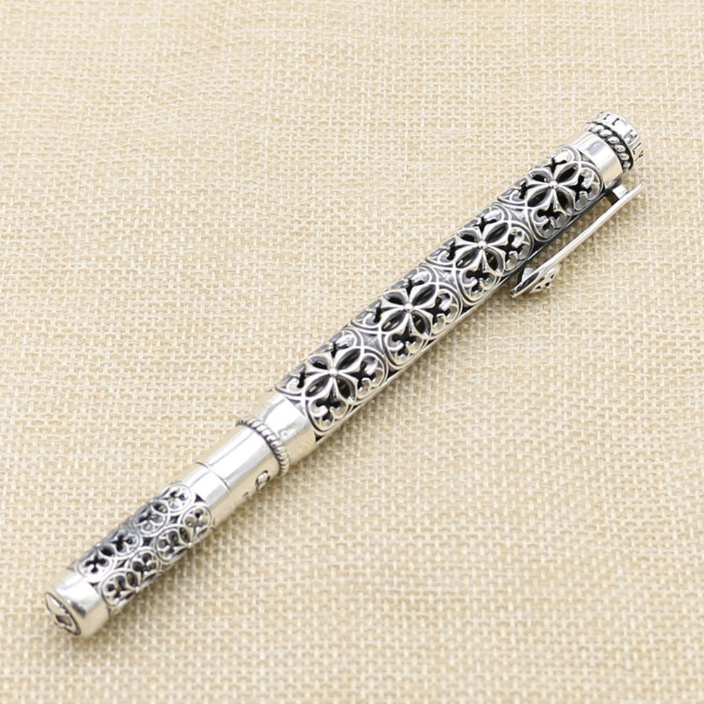 Silver Ballpoint Pen For Men And Women Elegant Pure Silver Hollow